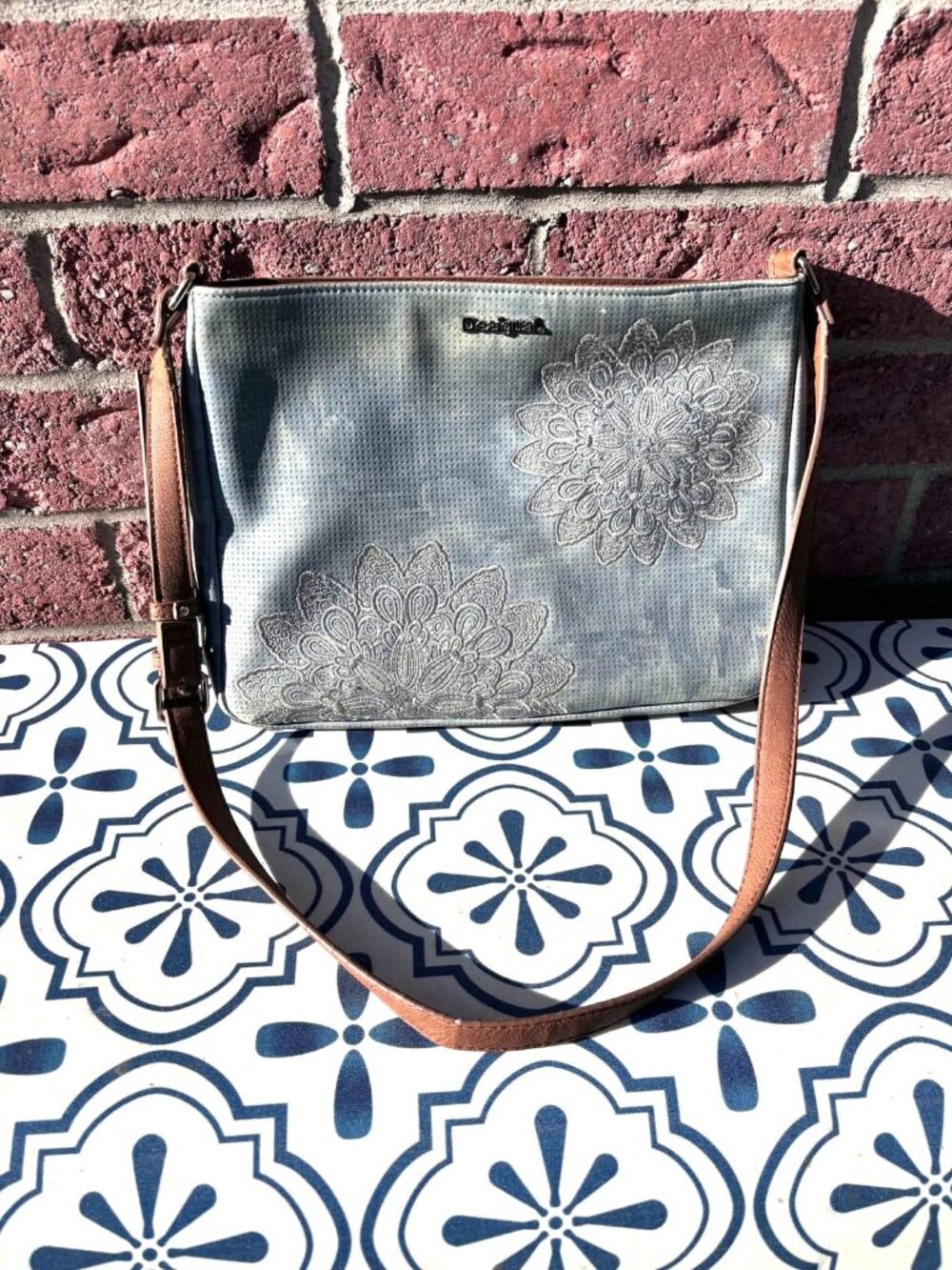 Desigual Crossbody Bag – Blue Grey with Embroidered Mandala Floral Detail 🤍🩵